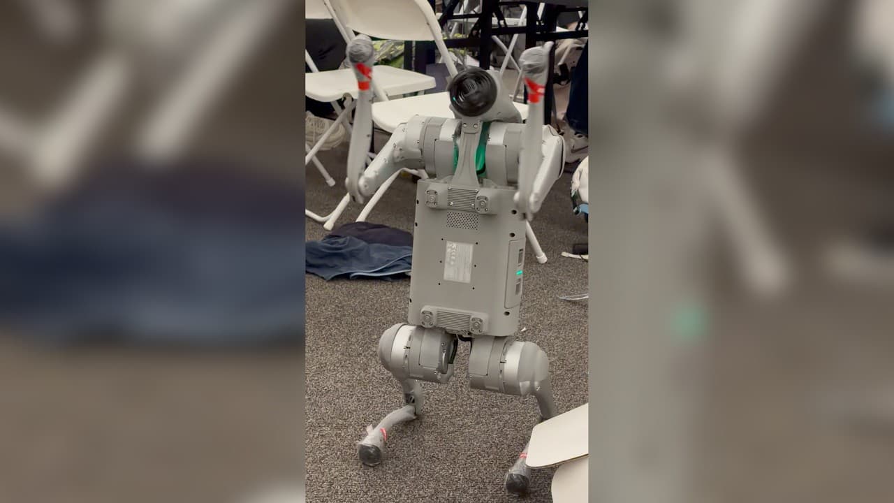 A physical AI event video frame showing a robot demonstration.