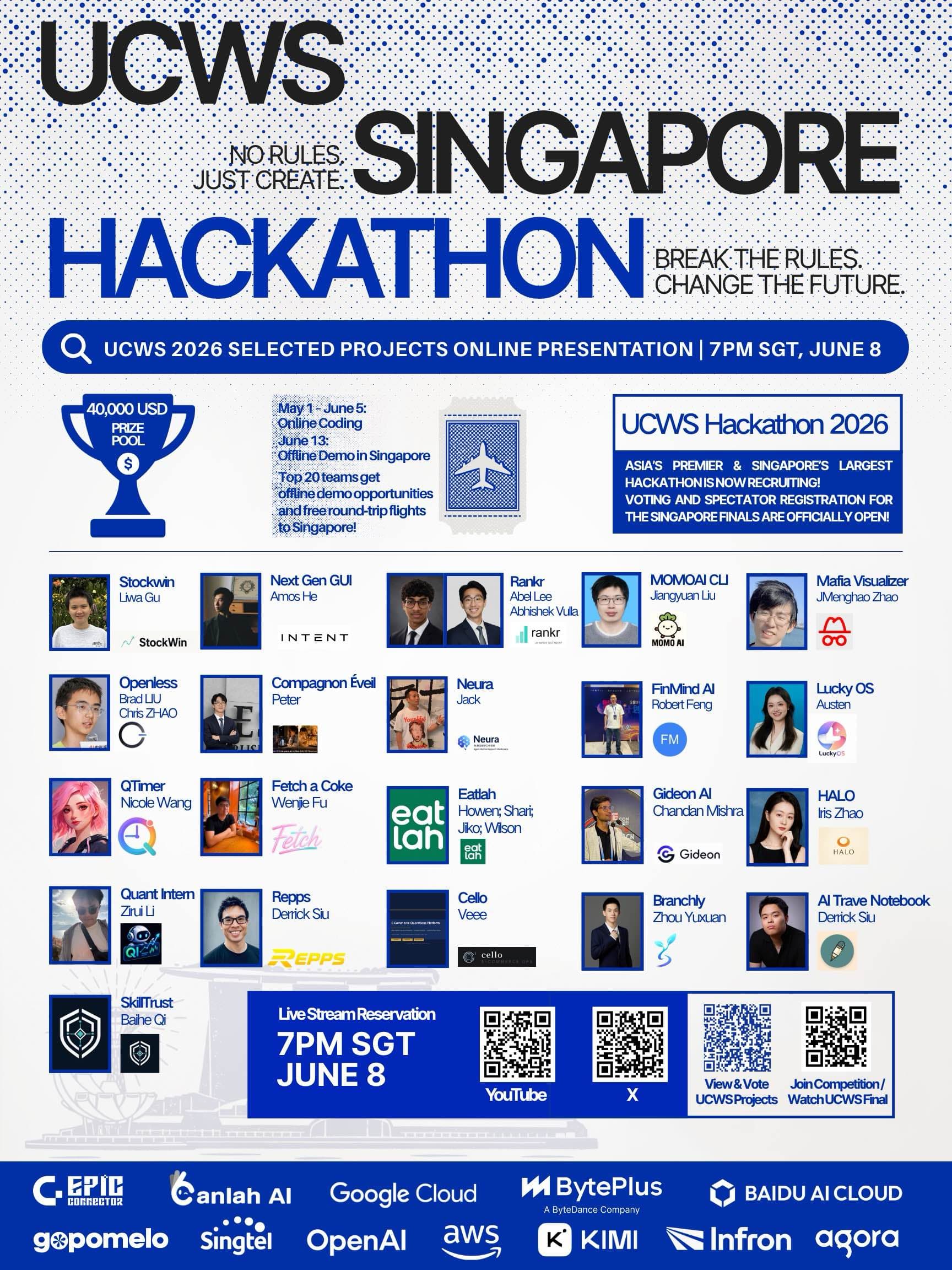UCWS Singapore Hackathon 2026 selected projects poster showing StockWin by Liwa Gu.